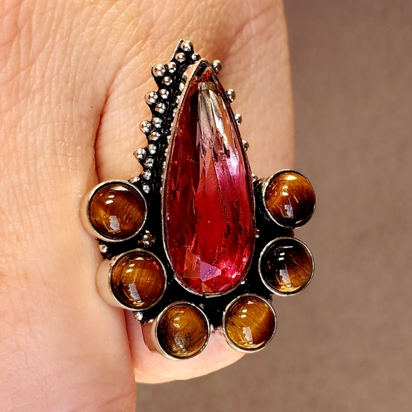 New Bi-Color Tourmaline & Tiger Eye 925 Silver Ring. - Picture 10 of 15